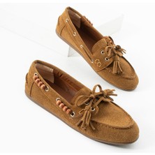Kadın Taba Süet Loafer Ayakkabı Püsküllü Bağcıklı Günlük Makosen Model Carlas