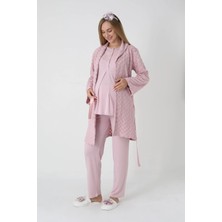 Erdeniz Tekstil Hamile Giyim 3'lü Pijama ve Sabahlıklı Takım - Kareli Jakarlı Sabahlıklı Lohusa Düğmeli Pamuk Pijama