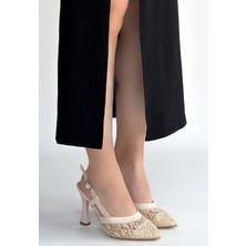 Alfaze Bej Cilt Tül Detaylı Arkası Açık Topuklu Ayakkabı Topuk Boyu 8,5 cm