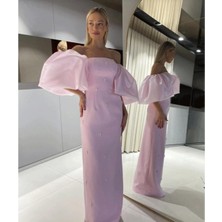 Organza Butik Taşlı Incili Balon Kol Elbise