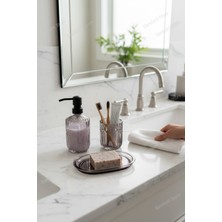 Feyza Design Mor Çizgili Cam Banyo Seti, Sıvı Sabunluk, Diş Fırçalık ve Sabunluk