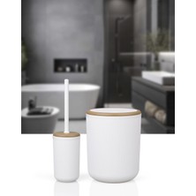 Feyza Design Kırık Beyaz Çizgili Yuvarlak Wc Kova ve Fırça Seti, Şık ve Kullanışlı