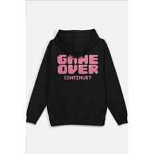 Overoz Game Over Sırt Baskılı Kapüşonlu Yarı Oversize Unisex Sweatshirt Siyah Hoodie 1199