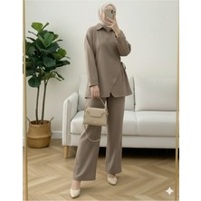 Modamorfo Çapraz Düğmeli Yandan Bağlamalı Yün Efekt Takım  -Açık Kahve