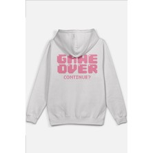 Overoz Game Over Sırt Baskılı Kapüşonlu Yarı Oversize Unisex Sweatshirt Beyaz Hoodie 1199
