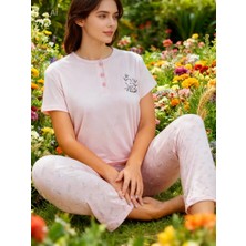 NiCe İç Giyim Pembe Renk Çiçek Desen Bisiklet Yaka Viskon Pamuklu Yumuşacık Kadın Pijama Takım