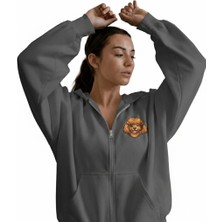 Muhtar Store Kadın Toy Poodle Baskılı Oversize Fermuarlı Hoodie