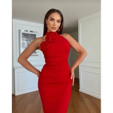 Organza Butik Kadın Çiçek Detaylı Balık Elbise