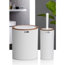 Feyza Design Çizgili Yuvarlak Ahşap Desenli Çiftli Banyo Aksesuar Seti