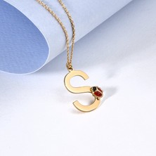 14 Ayar Altın Kaplama Harfli Uğur Böceği  Gümüş Kolye - CNE00133