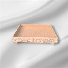 Sekay Ahşap Ham Ahşap Boyanabilir Kabartmalı Desenli Ayaklı Büyük Boy Dikdörtgen Sunumluk Tepsi