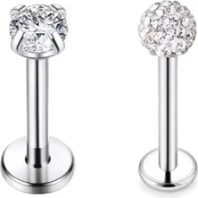 Jaida Moda Unisex Gümüş Taşlı 2'li Set Tragus Helix Labret Çelik Piercing