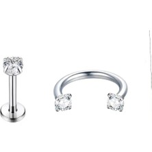 Jaida Moda Unisex Gümüş Zirkon Taşlı 2'li Labret ve Body Çelik Piercing