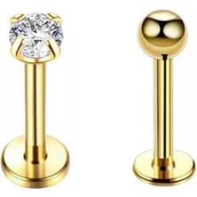 Jaida Moda Unisex Gold 2'li Set Tragus Labret Helix Çelik Piercing