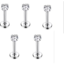 Jaida Moda Unisex Gümüş Zirkon Taşlı 5’li Set Tragus Helix Labret Çelik Piercing