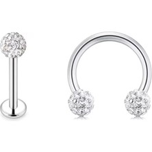 Jaida Moda Unisex Gümüş Kristal Taşlı 2'li Set Labret ve Body Çelik Piercing