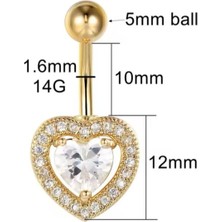 Jaida Moda Kadın Gold Kalp Zirkon Taşlı Çelik Göbek Piercing 10 mm Dayanıklı ve Parlak
