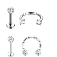 Jaida Moda Unisex Gümüş Taşlı 4'lü Set Tragus Helix Kıkırdak Çelik Piercing
