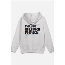 Overoz Nürburgring Yarış Pisti Sırt Baskılı Kapüşonlu Yarı Oversize Unisex Sweatshirt Beyaz Hoodie 1206