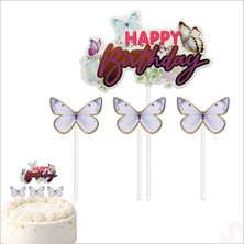 Süsle Bebek ve Parti Kelebekli Happy Birthday Pasta Süsü 4’lü Set - Mor