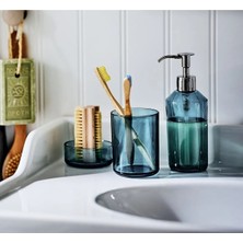 Feyza Design Mavi 3'lü Cam Banyo Seti, Yükseklik 19 Cm, Sıvı Sabunluk ve Fırçalık