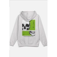 Overoz Skull Kurukafa Sırt Baskılı Kapüşonlu Yarı Oversize Unisex Sweatshirt Beyaz Hoodie 1208