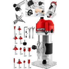 Schatz Profesyonel 600W 6 Kademe Devir Ayarlı Formika Traşlama Freze Makinesi 6 mm Pens + 12 Adet Uç Kırmızı