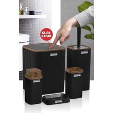 Feyza Design Şık Siyah Ahşap Desenli Çizgili 5'li Banyo Seti