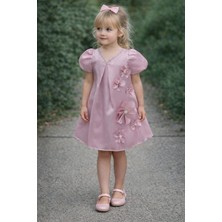 Tarz Çocuk Kız Çocuk Pudra Pembe Çiçek Aplikeli Abiye Elbise 4-5-6-7 Yaş Özel Gün & Doğum Günü Elbisesi