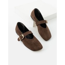 Kadın Kahverengi Süet Kare Burun Tokalı Babet Mary Jane Ayakkabı Velona