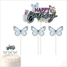 Süsle Bebek ve Parti Kelebekli Happy Birthday Pasta Süsü 4’lü Set - Mavi