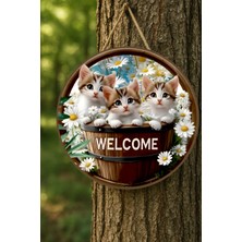 Marnello Consept "welcome" Kapı Süsü - Sevimli Kediler ve Papatya Desenli Ahşap Mdf 2d Düz Baskı