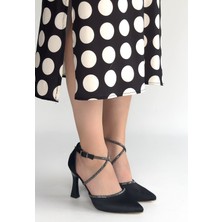 Alfaze Siyah Saten Kemerli Boncuk Işlemeli Yanı Açık Topuklu Ayakkabı Topuk Boyu 8 cm