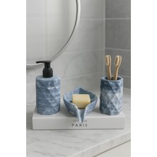 Feyza Design Mavi Mermer Desenli 3 Parça Banyo Seti, Sıvı ve Katı Sabunluk, Diş Fırçalık