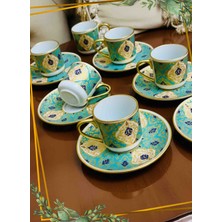 Samsa 6 Kişilik Yeşil & Altın Detaylı Lüks Porselen Kahve Fincan Takımı - 70 ml