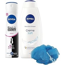 SHC4200 Kadın Sprey Deodorant Black&amp;white Invisible Clear 150ML ve Creme Duş Jeli 750ML, Lif Hediy
