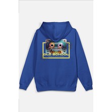 Overoz Old School Kaset Sırt Baskılı Kapüşonlu Yarı Oversize Unisex Sweatshirt Mavi Hoodie 1207