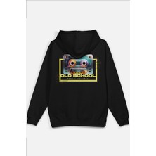 Overoz Old School Kaset Sırt Baskılı Kapüşonlu Yarı Oversize Unisex Sweatshirt Siyah Hoodie 1207