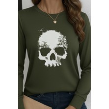 Barış Beauty Kadın Uzun Kollu Bisiklet Yaka Kurukafa Desenli Viskon Bluz