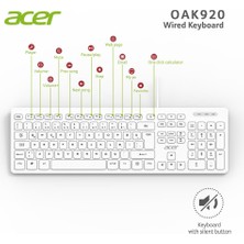 Uslucan Alışveriş Acer OAK920 Q USB Beyaz 1.8mt Kablolu Klavye-Tek Tuş Hesap Makinalı (Sessiz Tuş)