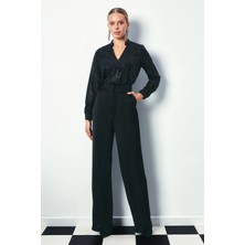 Sateen Kruvaze Parlak Çizgili Bluz - Siyah