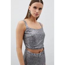 Sateen Payetli Crop Bluz - Gümüş
