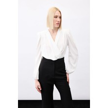 Sateen Parlak Çizgili Bodysuit Bluz - Ekru