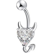 Jaida Moda Kadın Gümüş Renk Şeytan Kalp Taşlı Çelik Göbek Piercing