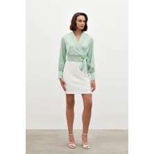 Sateen Yan Kuşaklı Saten Bluz - Mint