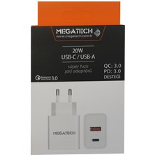 Dukkanıum Megatech 20W Beyaz Usb-C Usb-A Şarj Kafa Qc:3.0-Pd:3.0