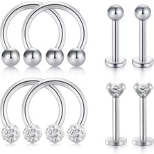 Jaida Moda Unisex Gümüş Cerrahi Çelik Piercing 8'li Set
