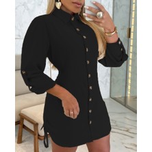 Barış Beauty Kadın Uzun Kollu Gömlek Yaka Önden Düğmeli Yanlardan Büzgülü Kısa Aerobin Elbise