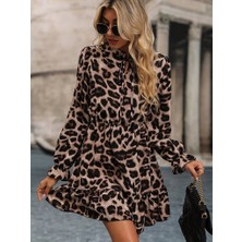Barış Beauty Kadın Uzun Kollu Yakadan Bağcıklı Modal Leopar Desenli Mini Elbise
