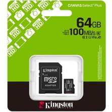 Uslucan Alışveriş Kingston SDCS3-64GB 64GB Microsdxc Canvas Select Plus Gen3 100MB-S A1 Card + Adapter Hafıza Kartı